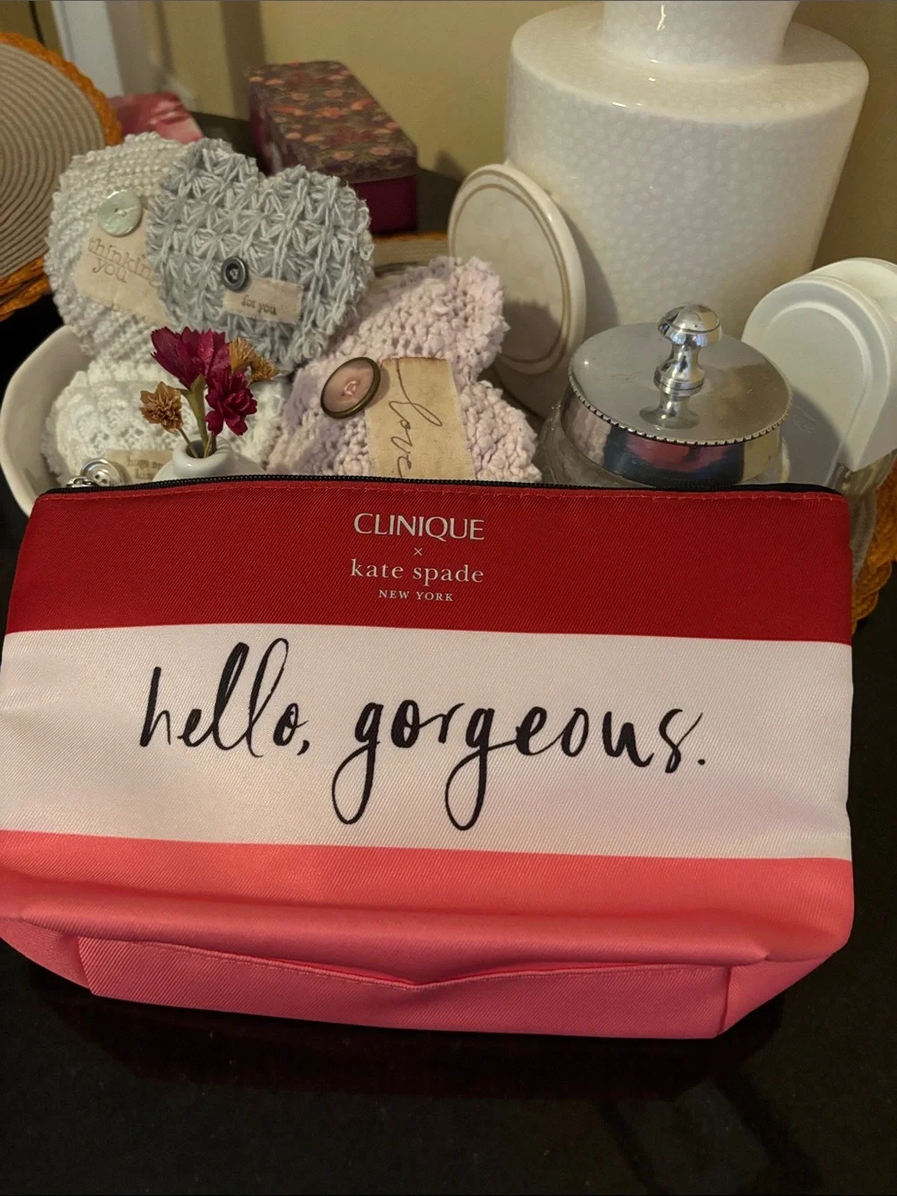Kate Spade x Clinique Striped Cosmetic Pouch in Red, White & Pink Hello Gorgeous